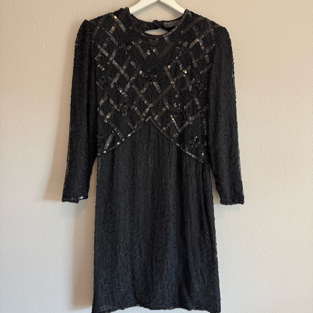 Vintage 80s Royal Feelings 100%‎ Silk Beaded Dress Size 1X Retro Cocktail Party